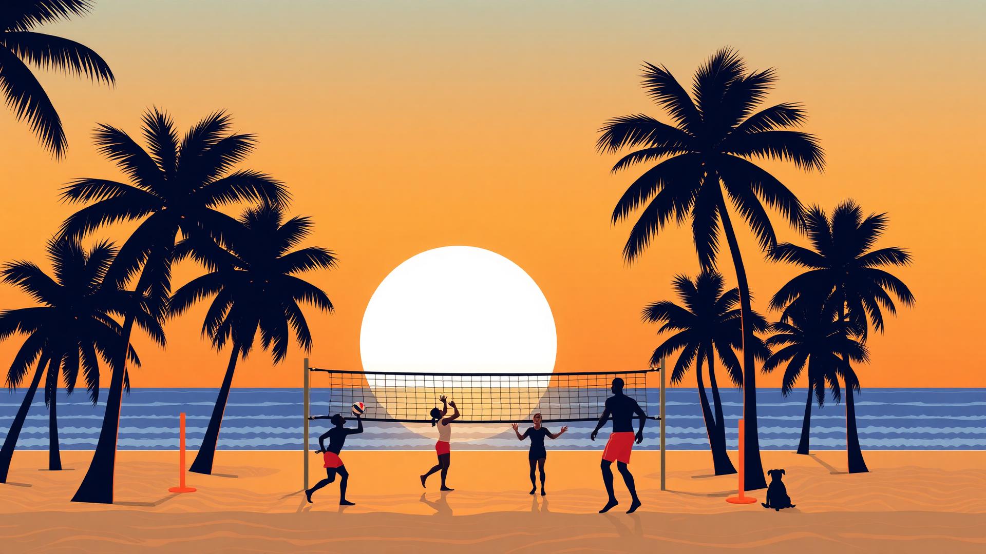 Beach volleyball at sunset